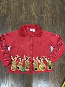 Vintage Carolina Colours Damen M Ugly Christmas Pullover Strickjacke Rentier Pailletten - Bild 1 von 10