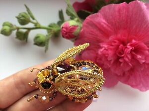 Bee brooch embroidered Insect jewelry crystals Bug Bumblebee pin Honey gift Gold