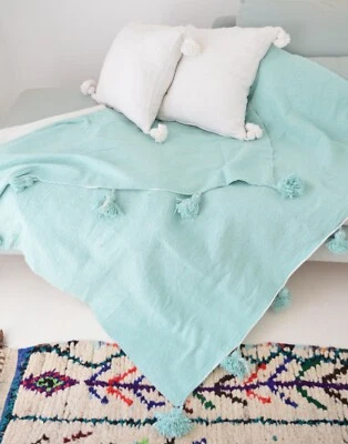 Moroccan  Pom Pom Blanket 100% Cotton Hand Made Blanket 78”x 39” /  2 x 1 M - Image 1 of 4