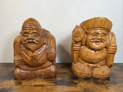РЕДКИЙ набор из 2 предметов японские боги удачи/удачи резьба по дереву Hinoki Daikoku - Изображение 1 из 4