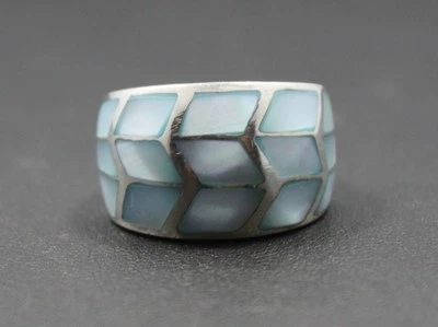 Anillo modernista de mosaico con incrustaciones de madreperla azul de plata de ley  Foto 1 de 4