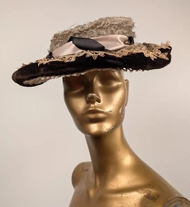 ANTIQUE VICTORIAN HORSEHAIR + LACE HAT W SILK RIBBON TRIM - Picture 1 of 6