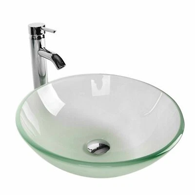 Fregadero de vidrio templado para baño lavabo esmerilado lavabo fregadero grifo cromado drenaje Foto 1 de 4