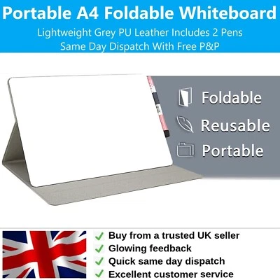 OTERRI A4 Whiteboard Portable Foldable Lightweight Grey PU Leather Inc. 2 Pens Free P&P