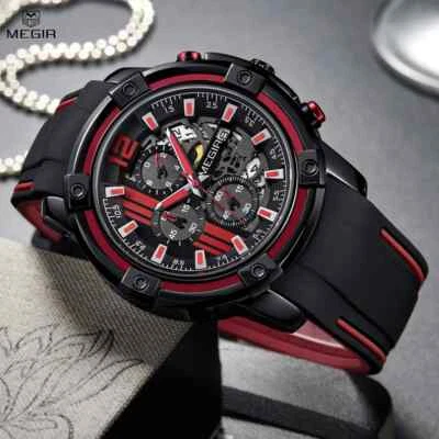 MEGIR Chronograph Men's Sport Watch Silicone Band Big Dial Military Quartz Watch - Image 1 of 4