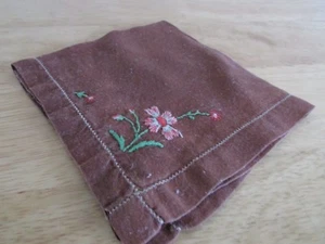 Handkerchief Hanky Vintage Brown appr 10-1/2 x 10-1/2 Hand Embroidered Flowers - Picture 1 of 2