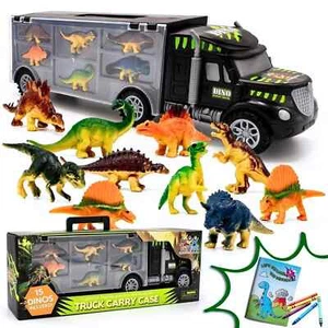 Dinosaur Toys for Kids 3-7. Dino Truck Carrier with 15 Figures + Bonus Book - Picture 1 of 5