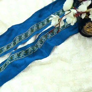 Vintage Blue Border Pure Crepe Silk Hand Embroidered 1yd Craft Trim Lace Sewing - Picture 1 of 14