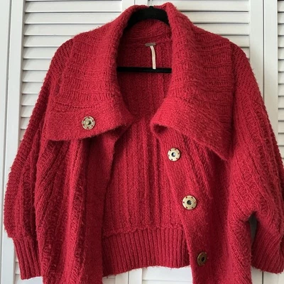 Suéter Cárdigan Free People Para Mujer Talla S Rojo Cuello Chal Grueso Acanalado Boho Foto 1 de 4