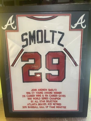 JOHN SMOLTZ SIGNED HOME BRAVES JERSEY W EMROIDERED STATS COA JSA - Image 1 of 4