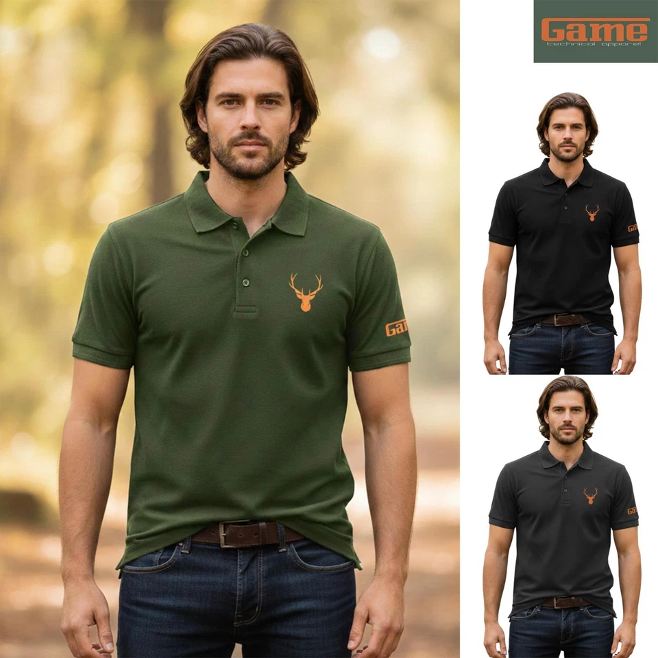 Mens Game Stag Logo Printed Short Sleeve Polo Shirt - Hunting Camping Top - Image 1 of 3