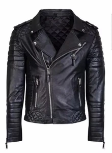 Men’s Quilted Black Biker Leather Jacket Slim Fit Moto Style with Zipper Closure - Picture 1 of 4