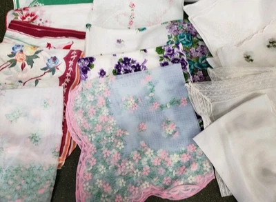 Lot of 13 Pretty & Colorful Vintage 50s Hankies Floral And White  - Image 1 of 4