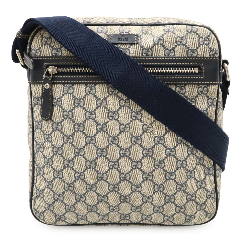GUCCI GG Supreme Shoulder Bag Beige Navy Leather Silver Hardware 26×28.5×7.5cm - Image 1 of 4