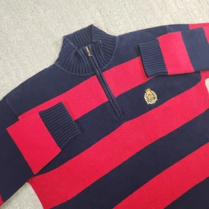 Ralph Lauren Sweater Women Small Striped Crest Logo Chunky Knit Holiday Red Blue - Picture 1 of 10