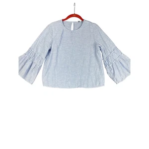 Express Damen Gr. S blau gestreift Leinenmischung Rüschen Glockenärmel Bluse Top - Bild 1 von 11