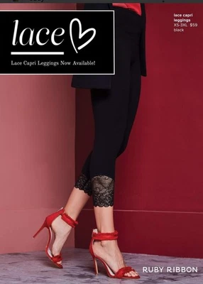 Ruby Ribbon Black Cotton Spandex Jersey Lace Trimmed Leggings Size 3X - Image 1 of 4