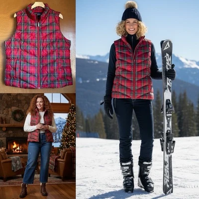 Chaqueta Chaleco Lands’end Rojo Tartán Cuadros Sin Mangas 600 Plumón Hyper Dry Puffer XLT Foto 1 de 4