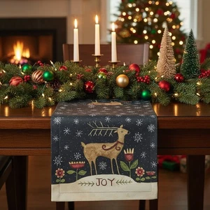 Primitive Weihnachten Fröhlicher Hirsch Tischläufer 36" L - Bild 1 von 4