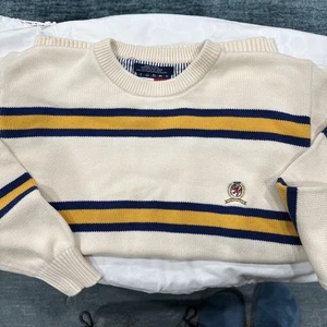 Suéter De Colección Años 90 Tommy Hilfiger Heritage Crest Crema Azul Marino Dorado Rayas Algodón Pequeño - Imagen 1 de 10