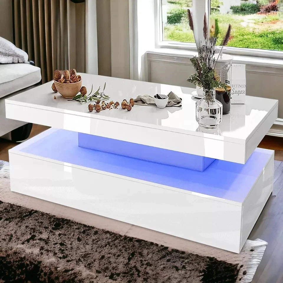 High Gloss LED Coffee Table With Storage Wooden 2 Drawer Living Room Furniture - Image 1 of 1