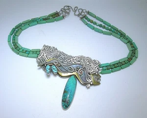 MEXICO VINTAGE STERLING SILVER & TURQUOISE NECKLACE WITH LARGE PENDANT - SIGNED - Picture 1 of 18