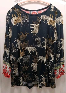Johnny Was M Teeger Knit Puff Sleeve Long Top Tee Shirt Tigers On Black - Bild 1 von 6
