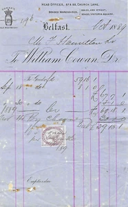 BELFAST Wm.COWAN'S RECEIPT FOR SPIRITS SUPPLIED TO PUB. £39-18-1.  OCT 1889. - Picture 1 of 1