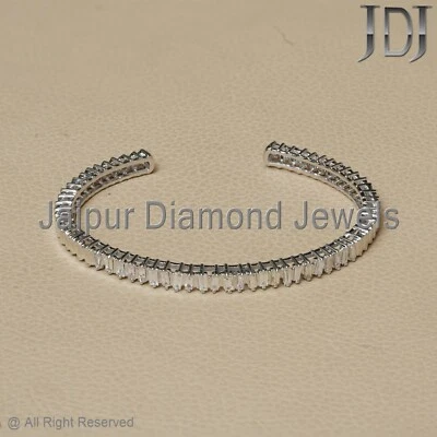 Natural Baguette Diamond Solid 14k White Gold Jewelry Open Cuff Charm Bangle - Image 1 of 4