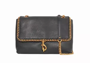 AUTÉNTICO NUEVO CON ETIQUETAS $328 Rebecca Minkoff Edie Bolso de Hombro de Cuero con Recorte de Cadena en Negro - Imagen 1 de 12