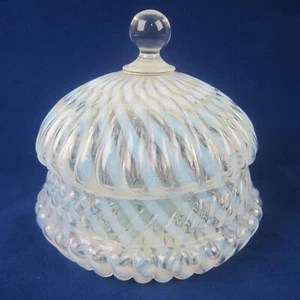 Antique Northwood Chrysanthemum Swirl Opalescent White Glass Jar & Lid 6" RARE - Picture 1 of 10