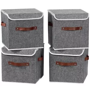4pcs Storage Cubes With Lid Fabric Storage Bins Boxes Pu Leather Handles Cotton  - Picture 1 of 7
