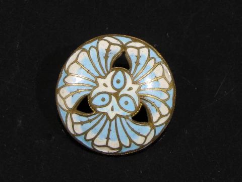 Antique CHAMPLEVE ENAMEL PIERCED BUTTON - DOME SHAPE - BLUE & WHITE Cover