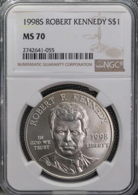 1998 S Robert Kennedy Commemorative Silver $1 NGC Perfect-Silky MS70 *3070 - Image 1 of 4
