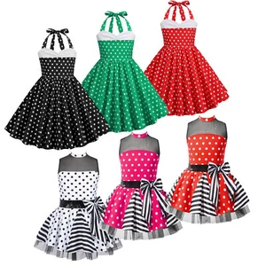 AU Girls Retro 50s Vintage Polka Dot Classic Dress Birthday Party Swing Dress - Picture 1 of 42