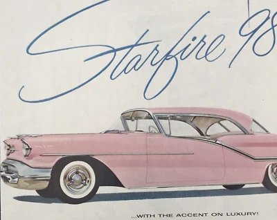 1950s Pink GM Oldsmobile Starfire 98 Advertising Print Ad 9.5" x 12.5" - Imagem 1 de 4
