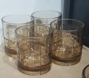 Anchor Hocking  Tartan Old Fashioned Whiskey Lowball Brown Tan Glasses Set of 4 - Picture 1 of 2