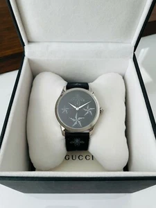 Gucci YA1264105 Women's Black Bee & Star Print Dial Black Plastic Strap Watch - Picture 1 of 5