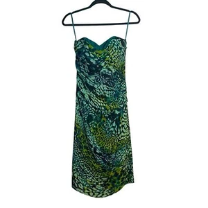 Arden B Silk Strapless Shirred Waist Green Aqua Blue Print Knee Length Dress L - Picture 1 of 11