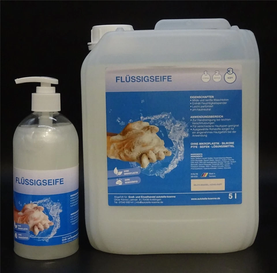 AUTOTEILE-KOENNE 5Liter Flüssigseife incl. 500ml Spender Handseife Seife Milch-Mandel-Honig Duft