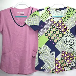 2 Grey's Anatomy Scrub Tops Women’s Small Impact Patchwork Mosaic Colorful EUC! - Picture 1 of 23