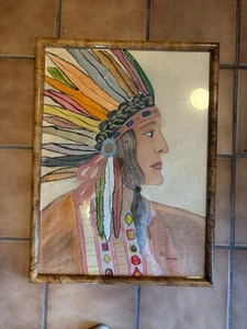 Indian Chief , 20 1/2 X 15 1/4 Framed Acrylic Frame. Watercolor. ORIGINAL WORK - Picture 1 of 5
