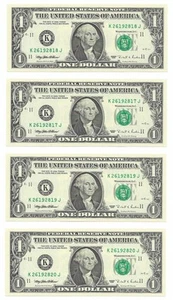 1995 $1 DALLAS FRNs. 4 Uncirculated Banknotes. One has Back Plate # 295 ERROR - Picture 1 of 5