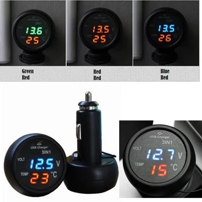 3 In 1 Car Voltage Meter USB Charger Temperature Monitor 12V 24V LED Light Digit - image 1 of 4