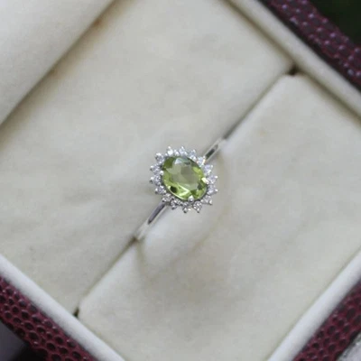 Oval Peridot Ring Halo Engagement Ring 925 Sterling Silver Ring Gift For Her - Image 1 of 4