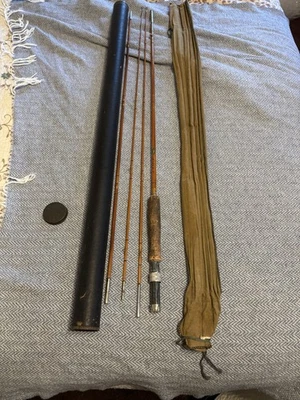 HERMOSA CAÑA DE PESCAR ANTIGUA SHAKESPEARE 4 PIEZAS 1363-9’ BAMBÚ CON MOSCA CON TUBO Y TELA Foto 1 de 4