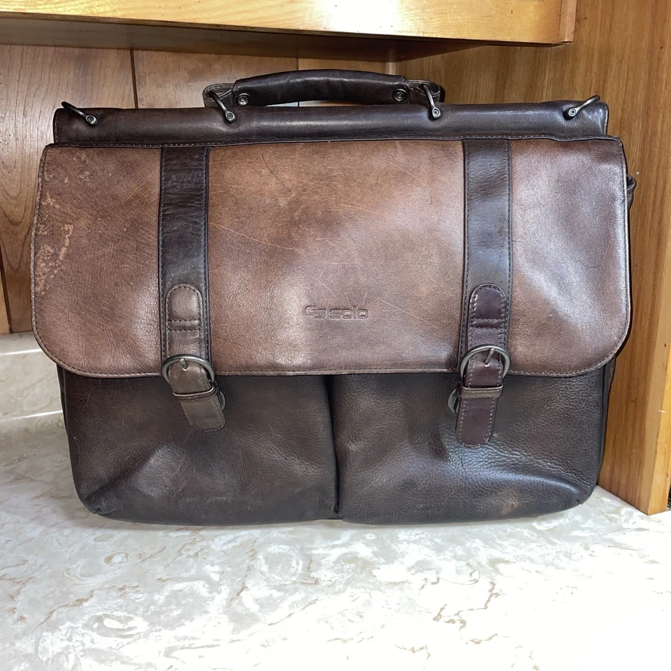 Solo Men Leather Satchel Laptop Commuter Briefcase Business Brown Messenger Bag - Image 1 of 4