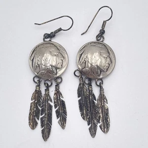 Pendientes de níquel búfalo vintage 1930 plumas nativas americanas colgantes joyería boho - Imagen 1 de 8