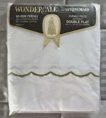 Wondercale Springmaid Double Full Flat Sheet  Vintage White Green Granny Cottage - Image 1 of 2