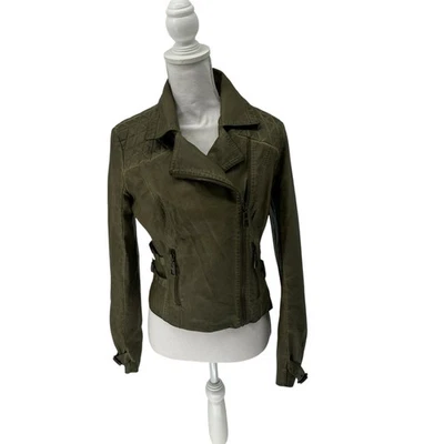 Blanc Noir Green Faux Leather Zip Front Moto Jacket Medium - Image 1 of 4